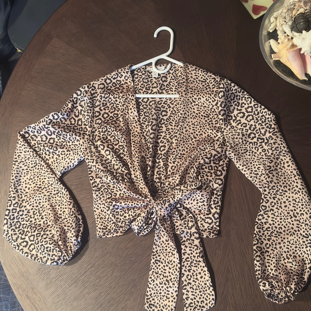 Topshop Brown and Tan Tie-Front Crop Blouse